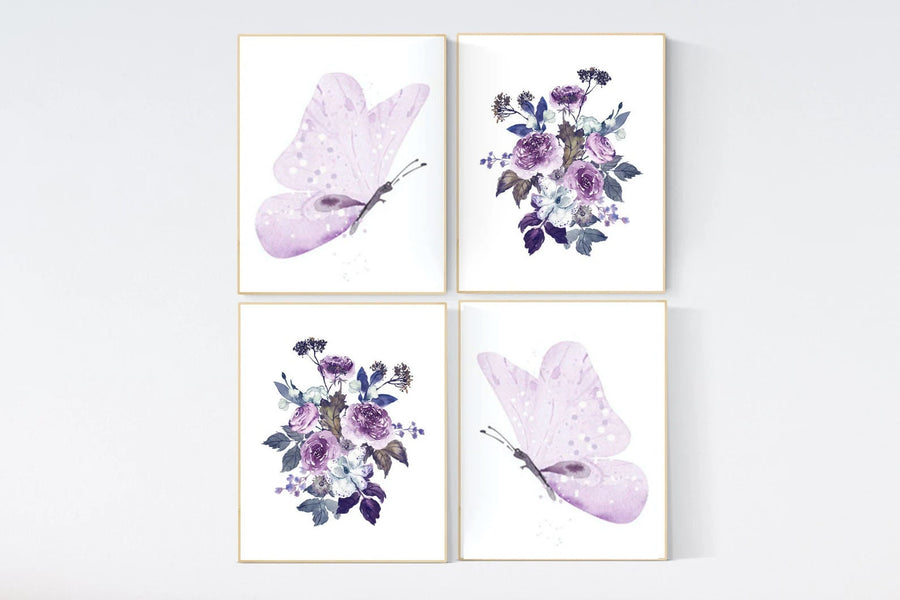 Nursery decor girl butterfly, nursery decor girl boho, nursery wall art purple, lilac, lavender, Butterfly Nursery Art, floral, flower