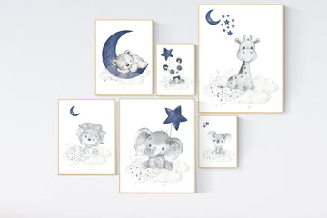 Nursery decor boy animals, nursery wall art boy, moon and stars, navy blue, animal prints for nursery, navy blue nursery, set of 6 prints