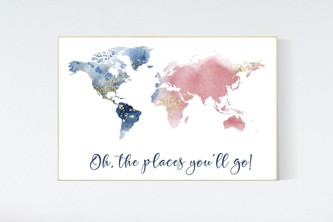 Canvas Listing: Nursery decor pink navy gold, girl room decor, world map print nursery, world map print watercolor