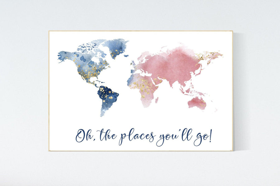 Canvas Listing: Nursery decor pink navy gold, girl room decor, world map print nursery, world map print watercolor