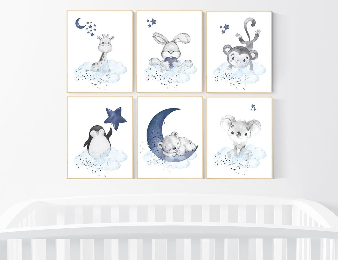 CANVAS LISTING: Nursery decor boy animals, nursery wall art boy, navy blue, animal prints for nursery, navy blue nursery wall decor