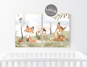Animal nursery decor, woodland nursery prints, jungle animals, gender neutral nursery, Woodland Nursery, animal prints, deer, fox nursery
