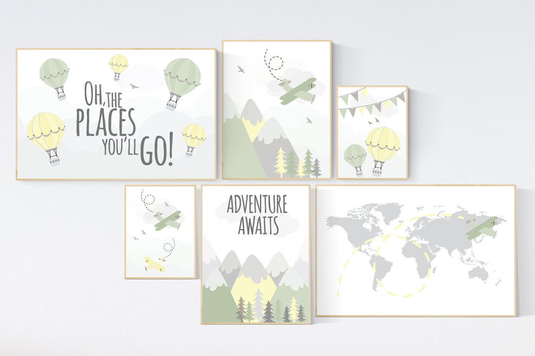 Adventure nursery decor, nursery decor airplane, yellow and green, world map nursery, adventure awaits, sage green nursery, travel theme