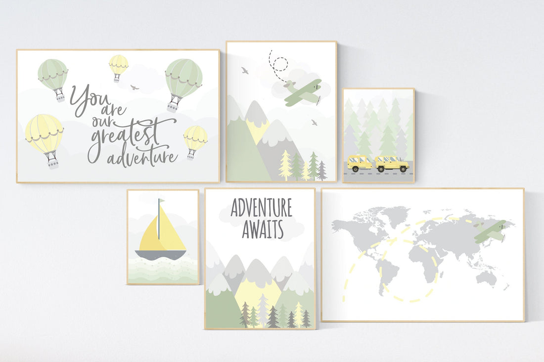 Adventure nursery decor, nursery decor airplane, yellow and green, world map nursery, adventure awaits, sage green nursery, travel theme