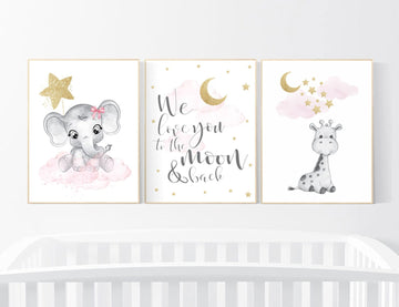 Nursery decor girl, giraffe nursery, baby room decor girl gold and pink, girl nursery decor, cloud and stars, elephant nursery wall art