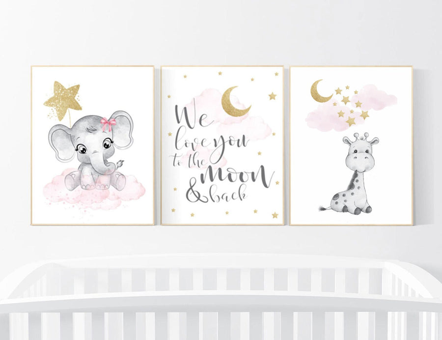 Nursery decor girl, giraffe nursery, baby room decor girl gold and pink, girl nursery decor, cloud and stars, elephant nursery wall art