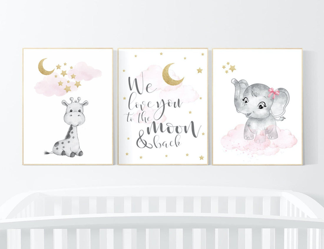 Nursery decor girl, giraffe nursery, baby room decor girl gold and pink, girl nursery decor, cloud and stars, elephant nursery wall art