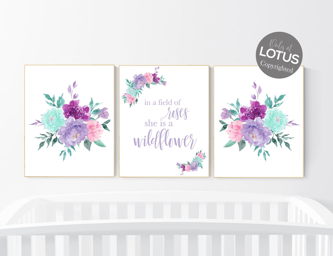 Boho nursery, girls room decor, floral nursery, pink purple teal, girl nursery, in the field of roses be a wildflower, floral nursery prints