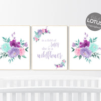 Boho nursery, girls room decor, floral nursery, pink purple teal, girl nursery, in the field of roses be a wildflower, floral nursery prints