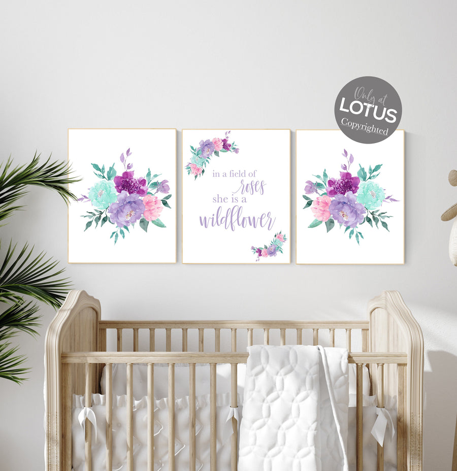 Boho nursery, girls room decor, floral nursery, pink purple teal, girl nursery, in the field of roses be a wildflower, floral nursery prints