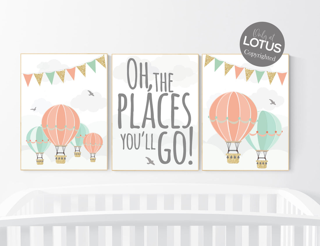 Nursery decor girl, coral mint gold, nursery art girl, hot air balloon nursery, oh the places you&