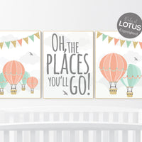 Nursery decor girl, coral mint gold, nursery art girl, hot air balloon nursery, oh the places you'll go, coral and mint, travel theme
