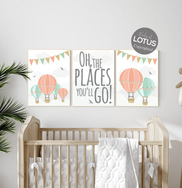 Nursery decor girl, coral mint gold, nursery art girl, hot air balloon nursery, oh the places you'll go, coral and mint, travel theme
