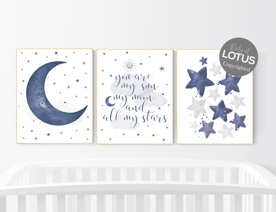 Nursery decor boy, Navy nursery decor, cloud and stars, moon and stars, navy blue nursery art. baby room wall art, boy nursery decor