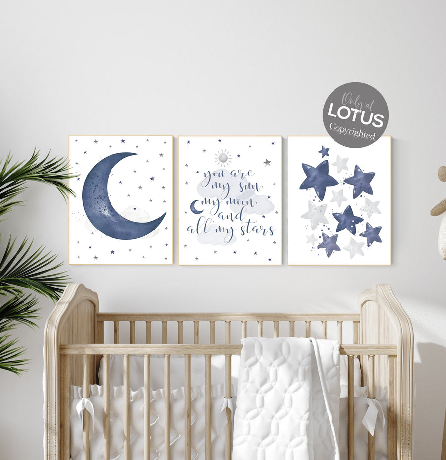 Nursery decor boy, Navy nursery decor, cloud and stars, moon and stars, navy blue nursery art. baby room wall art, boy nursery decor