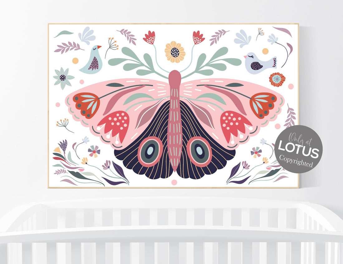 Boho nursery, butterfly nursery decor, girl nursery decor boho, butterfly print wall art, Nursery wall art girl boho, floral nursery