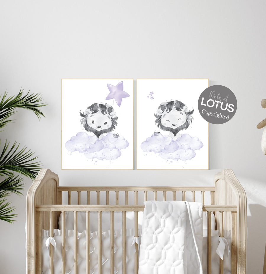 Lion nursery wall art, purple nursery, girl nursery decor, animal prints, nursery decor girl, lilac nursery, lavender nursery, lion prints