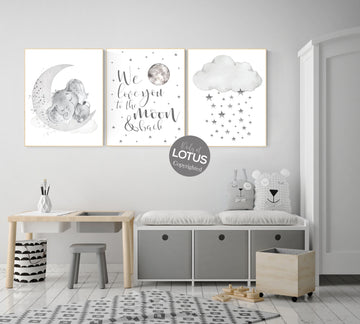 Nursery wall art grey, gray nursery, nursery decor neutral, elephant nursery, baby room decor gender neutral, moon and stars, nursery ideas