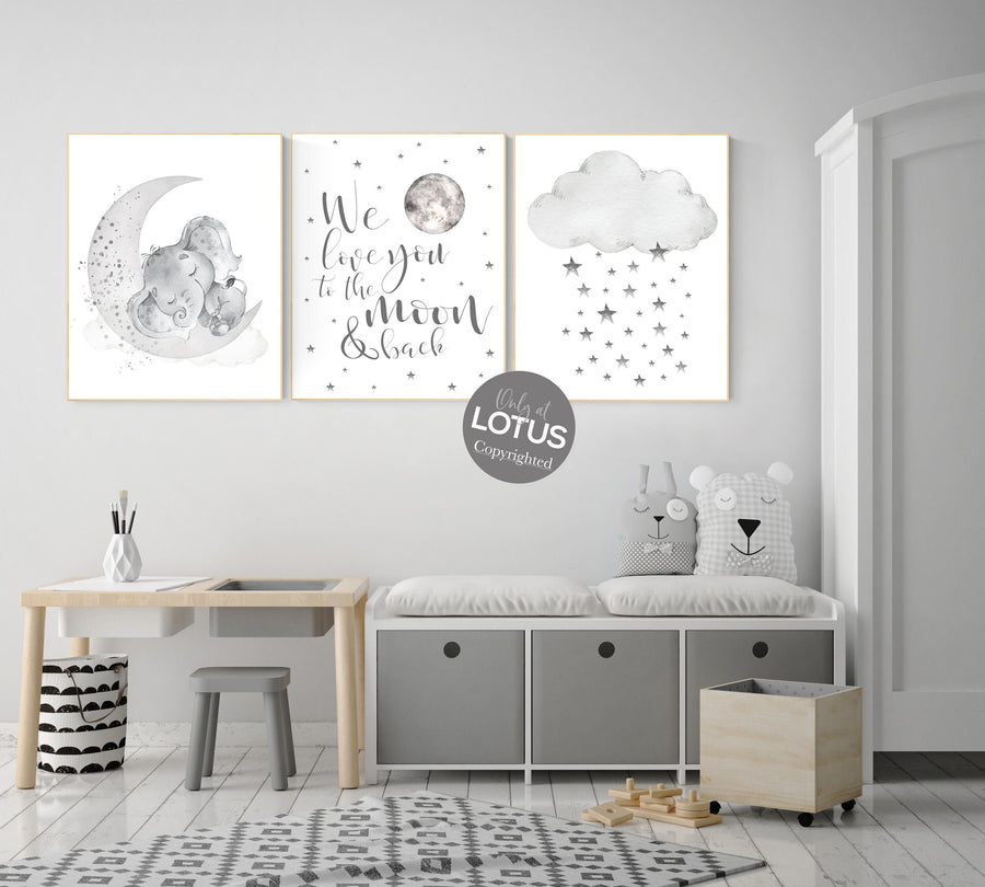 Nursery wall art grey, gray nursery, nursery decor neutral, elephant nursery, baby room decor gender neutral, moon and stars, nursery ideas