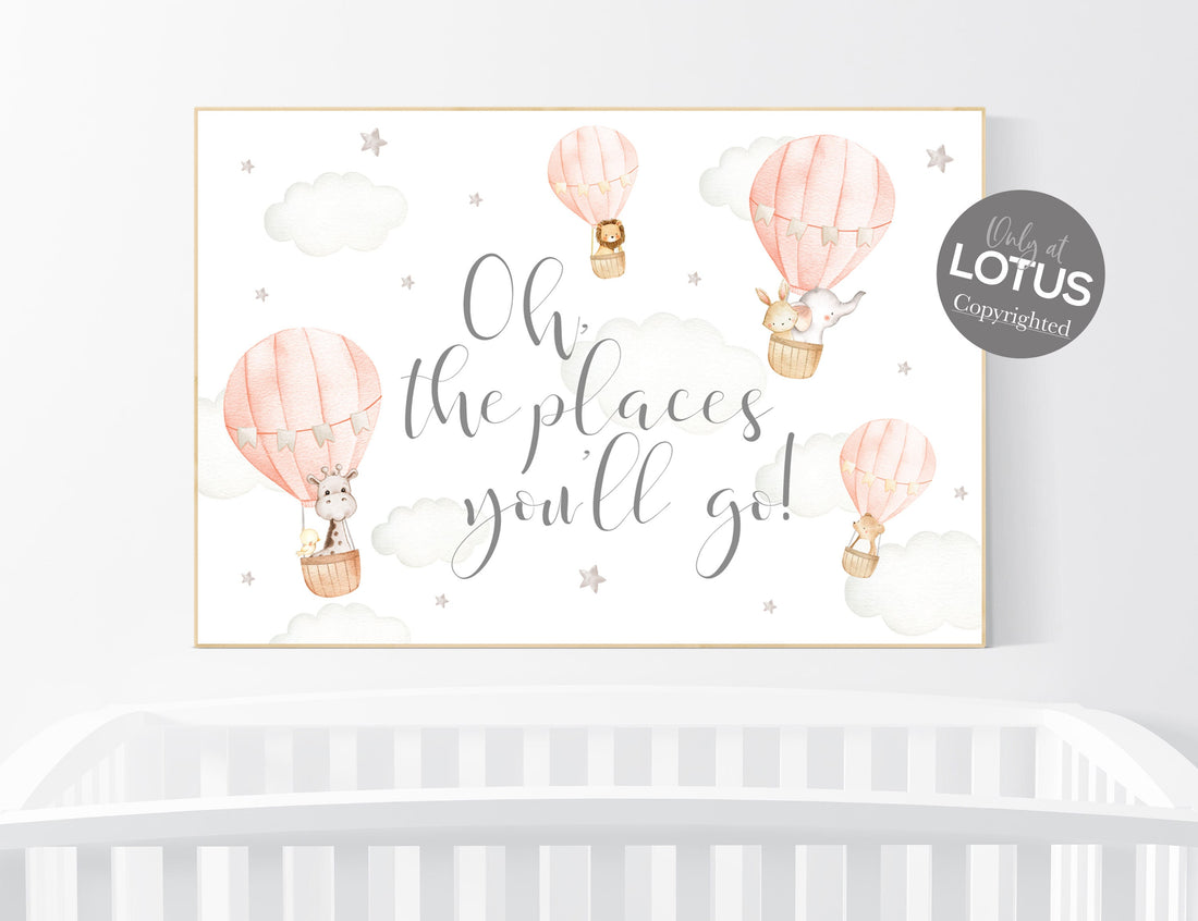 Hot air balloon nursery, coral nursery decor, animal nursery, travel theme nursery, Oh the places you&