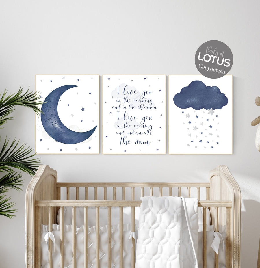 Nursery decor boy navy blue, Nursery wall art boy, navy nursery decor, moon and stars, nursery prints boy, I love you in the morning