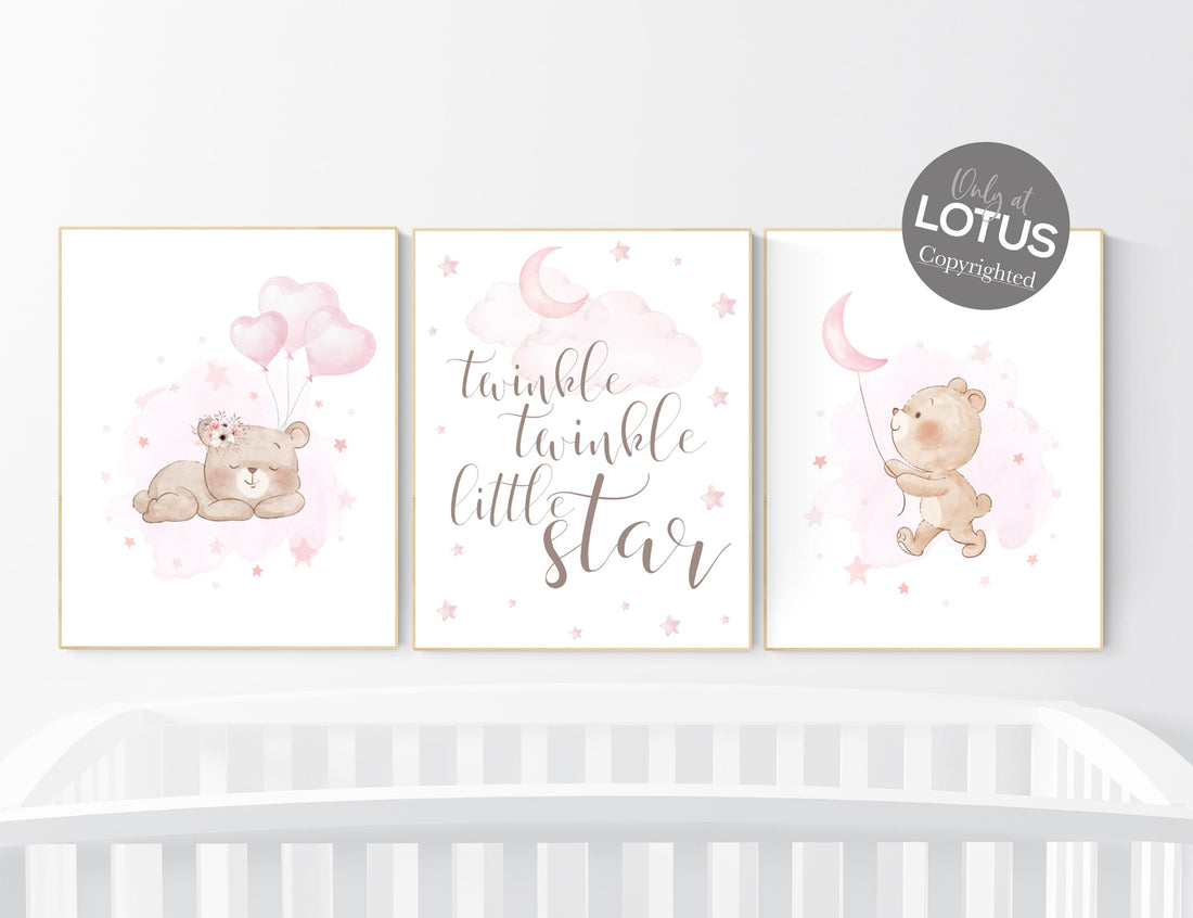 Bear nursery, girl nursery decor, pink nursery room, teddy bear decor, bear nursery print, nursery wall art animals, girls room decor