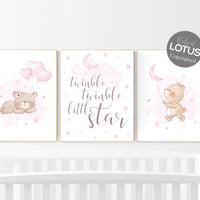 Bear nursery, girl nursery decor, pink nursery room, teddy bear decor, bear nursery print, nursery wall art animals, girls room decor