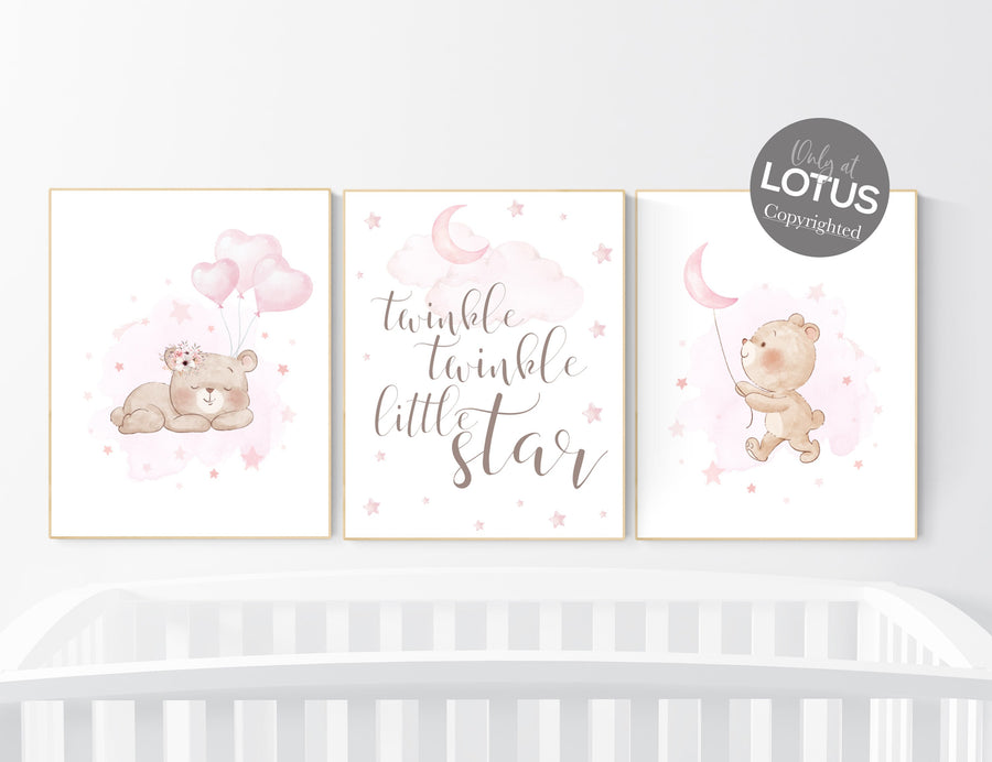 Bear nursery, girl nursery decor, pink nursery room, teddy bear decor, bear nursery print, nursery wall art animals, girls room decor