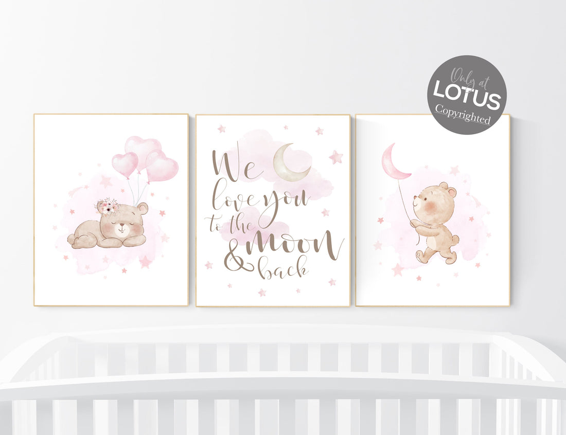 Girl nursery decor, Bear nursery, pink nursery room, teddy bear decor, bear nursery print, we love you to the moon and back, girls room