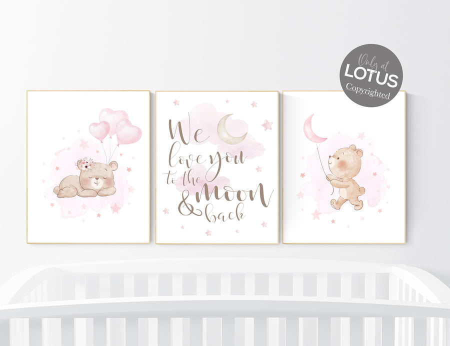 Girl nursery decor, Bear nursery, pink nursery room, teddy bear decor, bear nursery print, we love you to the moon and back, girls room