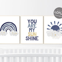 Navy nursery decor, rainbow nursery, you are my sunshine, navy gold nursery art, baby room wall art, boy nursery decor, set of 3