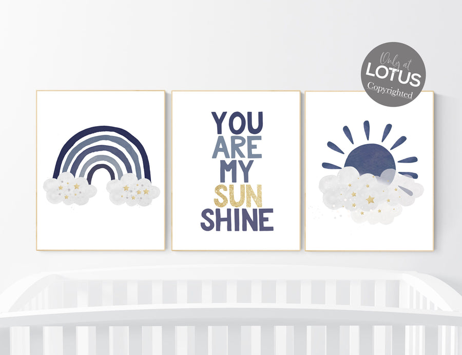 Navy nursery decor, rainbow nursery, you are my sunshine, navy gold nursery art, baby room wall art, boy nursery decor, set of 3