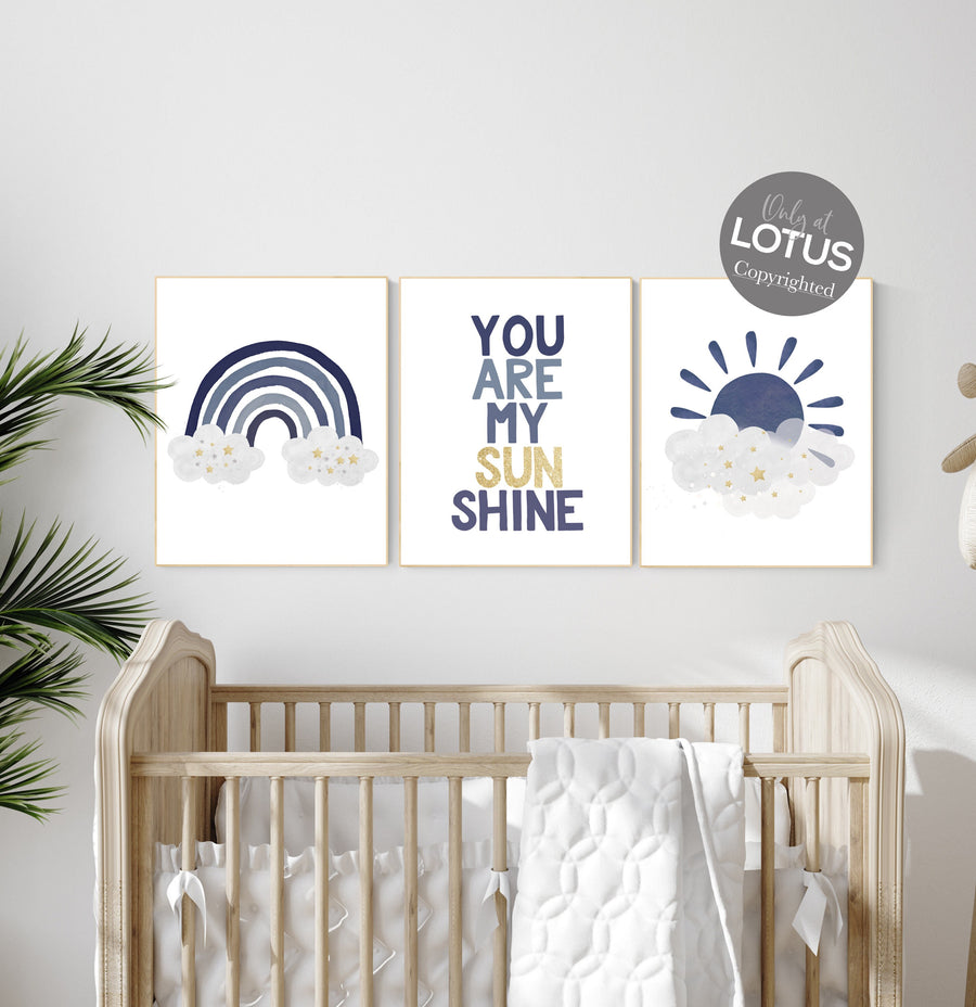 Navy nursery decor, rainbow nursery, you are my sunshine, navy gold nursery art, baby room wall art, boy nursery decor, set of 3