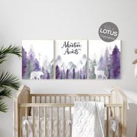 Nursery decor woodland, mountain wall art, tree nursery decor, adventure theme nursery, forest, navy, purple nursery, woodland animals