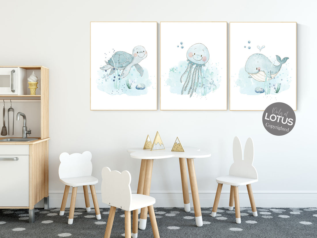 Under the sea wall art, Ocean nursery decor, Nautical nursery print set, under the sea nursery, gender neutral nursery, ocean nursery