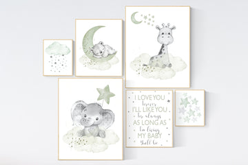 Animal nursery wall art, Nursery decor gender neutral, sage nursery, elephant, panda, giraffe, animal prints nursery, sage green,