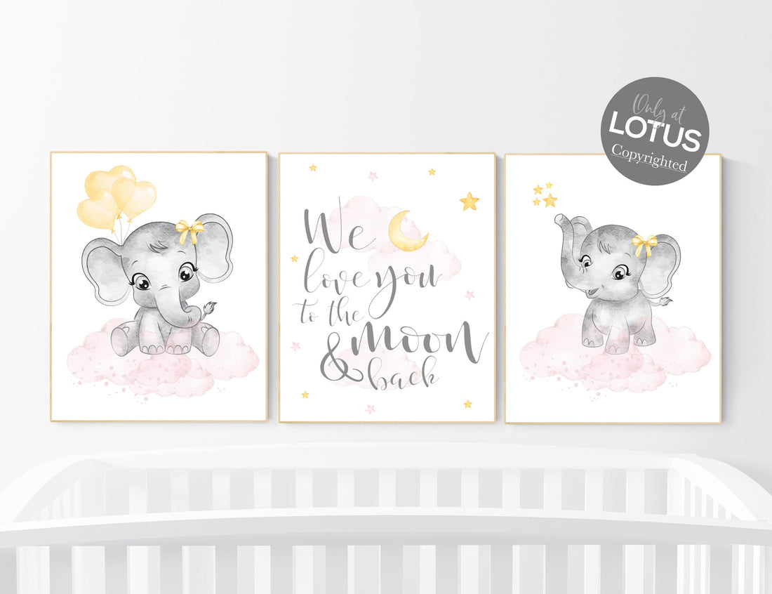 Nursery decor girl, pink and yellow, Elephant nursery, nursery wall art elephant, girl nursery decor, girl nursery, pink yellow