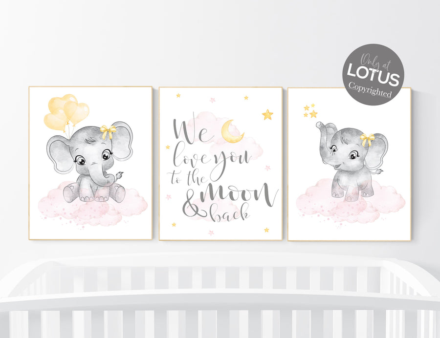 Nursery decor girl, pink and yellow, Elephant nursery, nursery wall art elephant, girl nursery decor, girl nursery, pink yellow