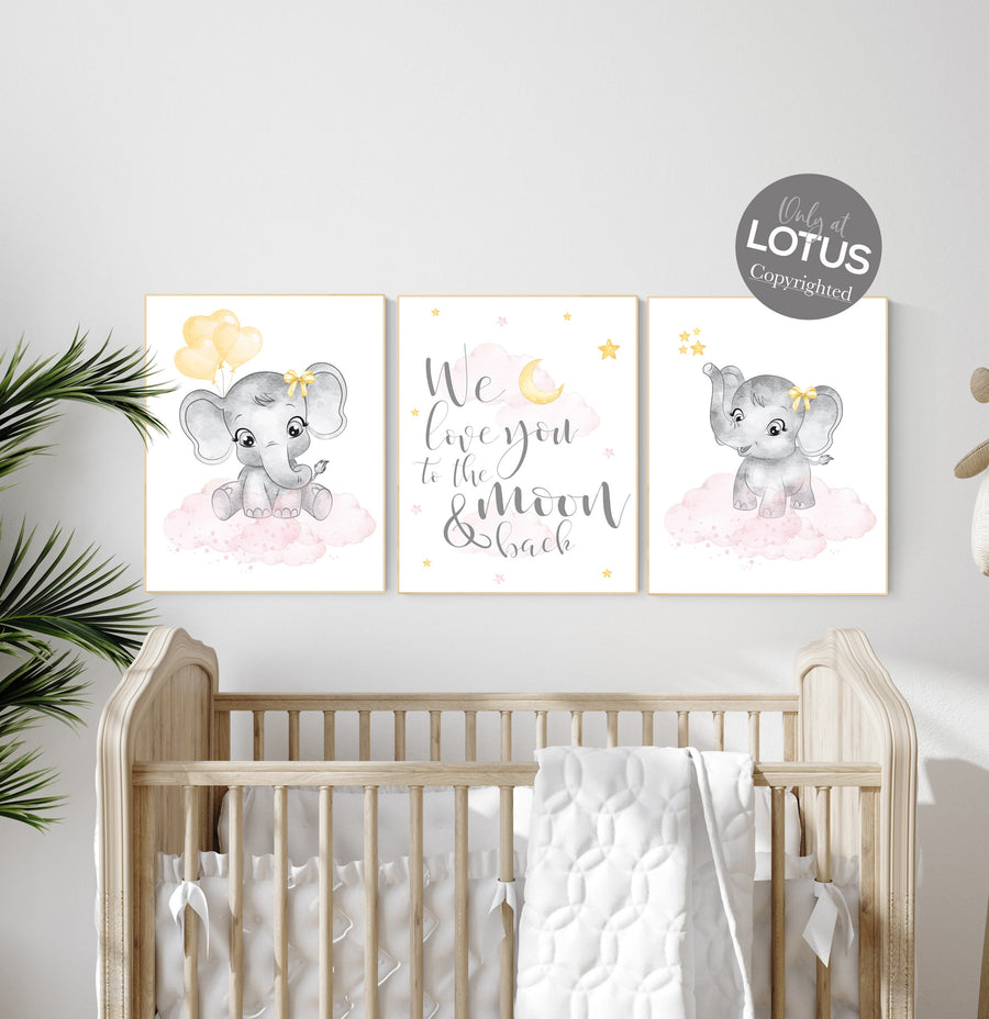 Nursery decor girl, pink and yellow, Elephant nursery, nursery wall art elephant, girl nursery decor, girl nursery, pink yellow