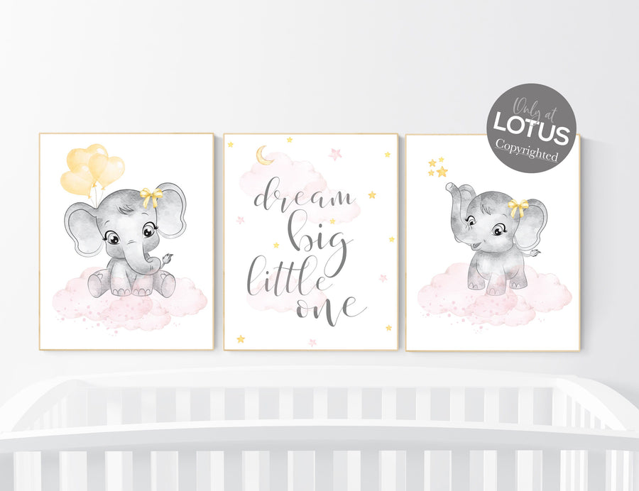 Nursery decor girl, pink and yellow, Elephant nursery, nursery wall art elephant, girl nursery decor, girl nursery, pink yellow