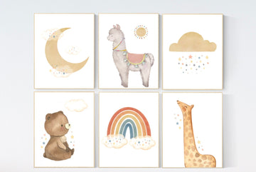 Neutral nursery decor, rainbow nursery, llama nursery, animal prints, gender neutral nursery, neutral colors, cloud and stars, rainbow print