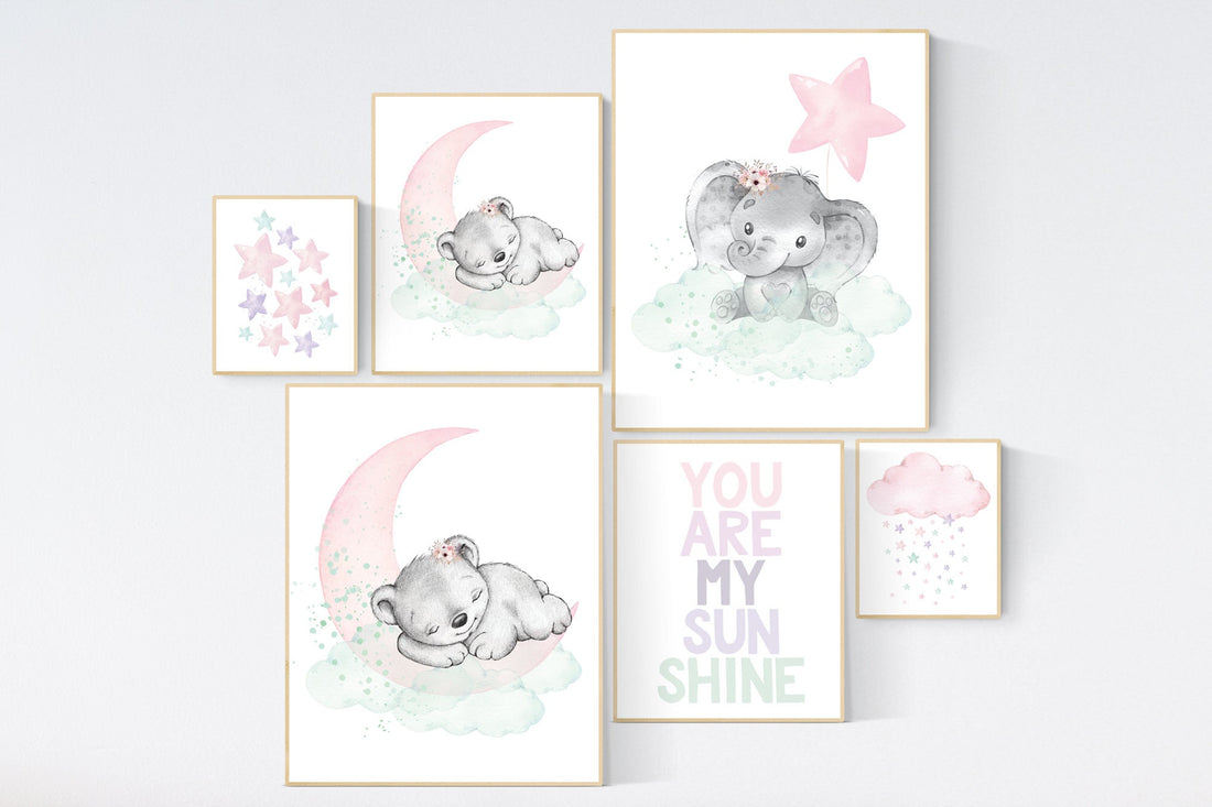 Elephant nursery, nurser decor girl, giraffe nursery, Pink Purple mint, girl nursery wall art, Nursery decor girl purple, giraffe nursery