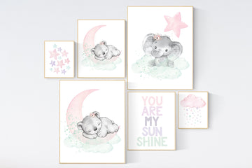 Elephant nursery, nurser decor girl, giraffe nursery, Pink Purple mint, girl nursery wall art, Nursery decor girl purple, giraffe nursery