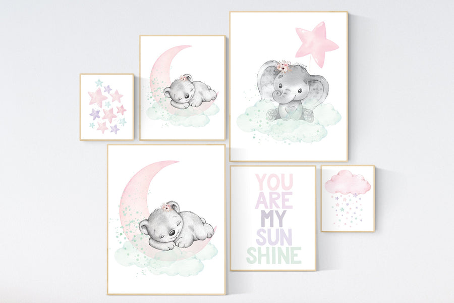 Elephant nursery, nurser decor girl, giraffe nursery, Pink Purple mint, girl nursery wall art, Nursery decor girl purple, giraffe nursery