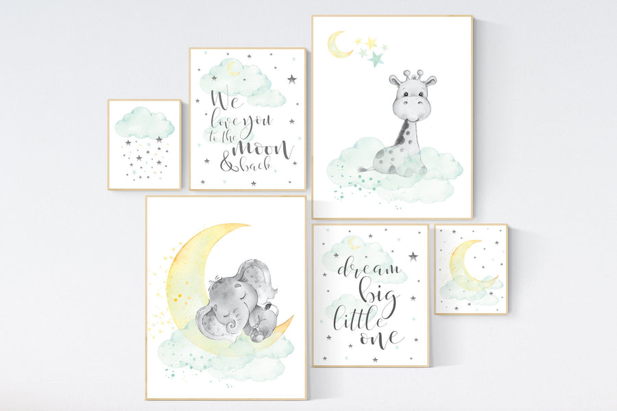 Mint and yellow nursery, gender neutral nursery wall art, moon and stars nursery, baby room decor, twin nursery, mint yellow nursery art