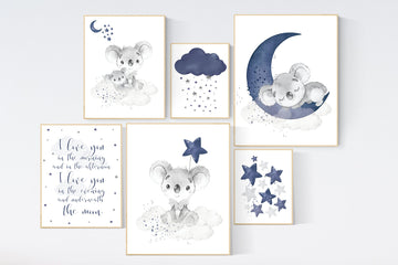 Boy nursery decor, koala nursery, navy blue nursery art, nursery decor boy, I love you in the morning, boys room decor, koala bear
