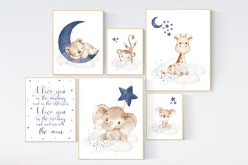 Animal nursery decor, boy nursery decor, elephant nursery, bear nursery, giraffe nursery, animal prints, boys room decor, navy blue