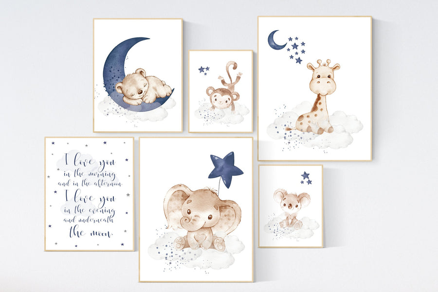 Animal nursery decor, boy nursery decor, elephant nursery, bear nursery, giraffe nursery, animal prints, boys room decor, navy blue