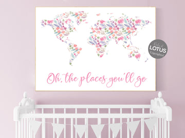 Boho nursery, girl room decor, Floral World Map, Girl Nursery Decor, Travel Nursery, floral Nursery, girl nursery decor, girls room decor