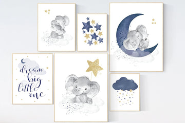 Nursery decor boy elephant, nursery wall art boy, navy Blue gold, moon and stars, navy nursery, boy nursery decor, elephant nursery art